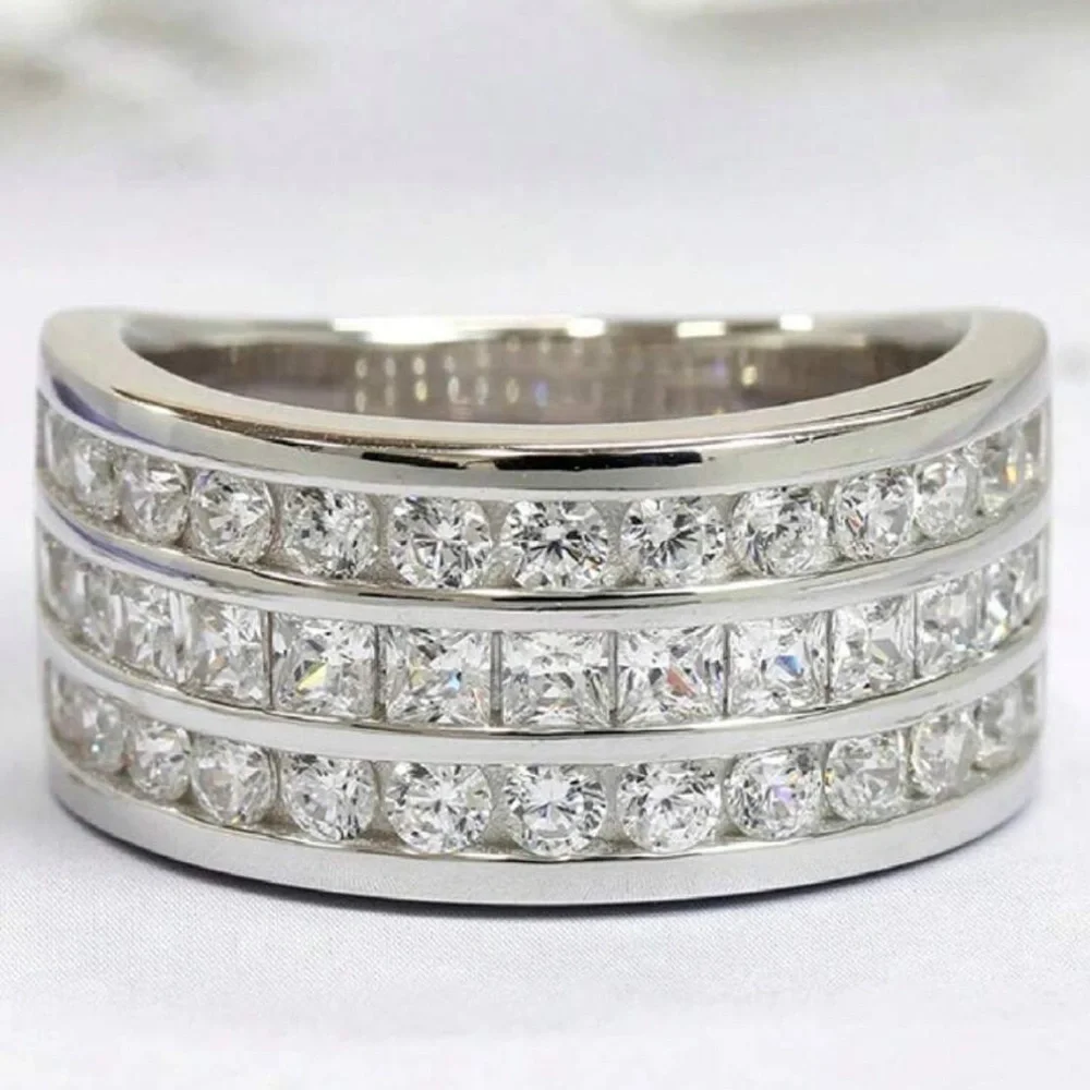 Sterling Silver Luxury High-end Women's Wedding Ring, Geometric Ring CZ Stones.